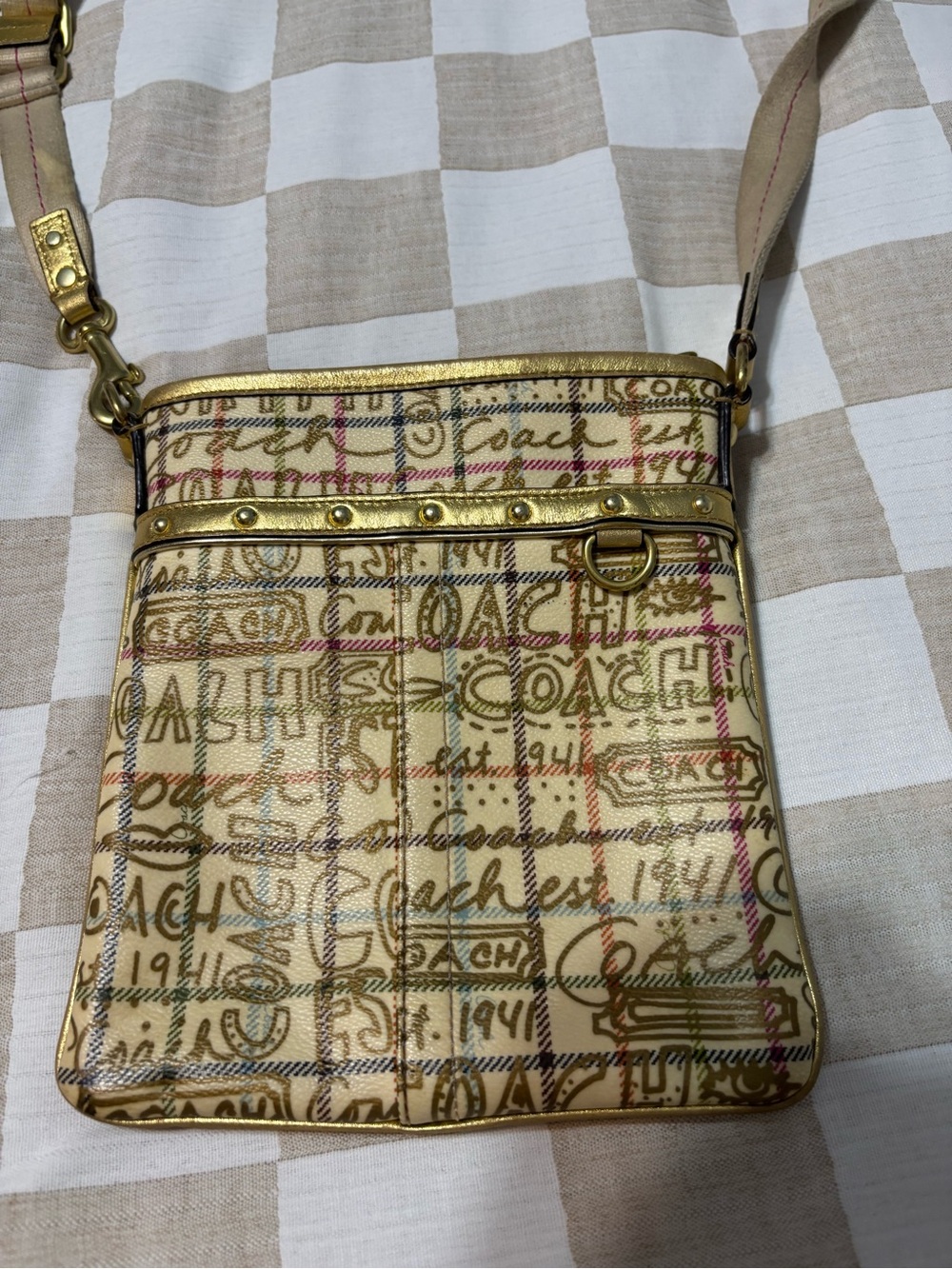 Coach Gold-Trim Signature Crossbody in Beige with Multicolor Accents